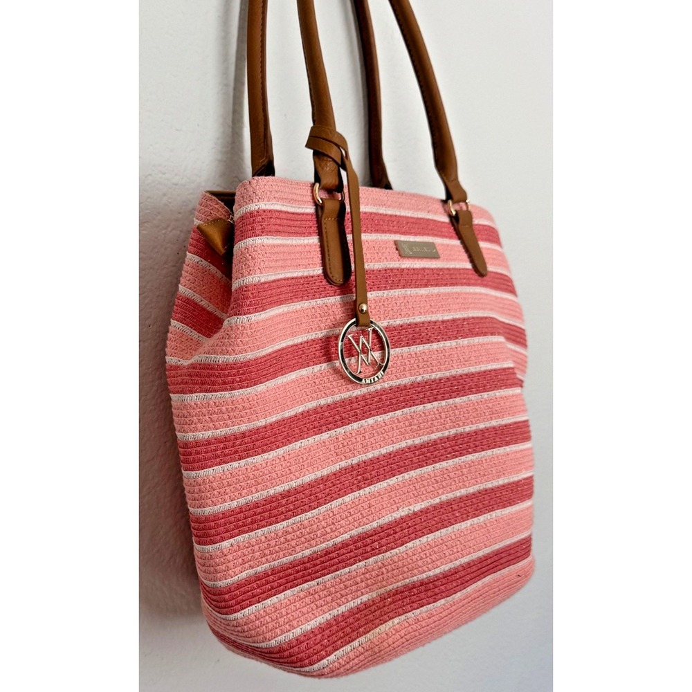 Amiani Pink Beach Bag Tote Zipper Closure Stripped Handbag Gold Shimmer - Picture 7 of 15